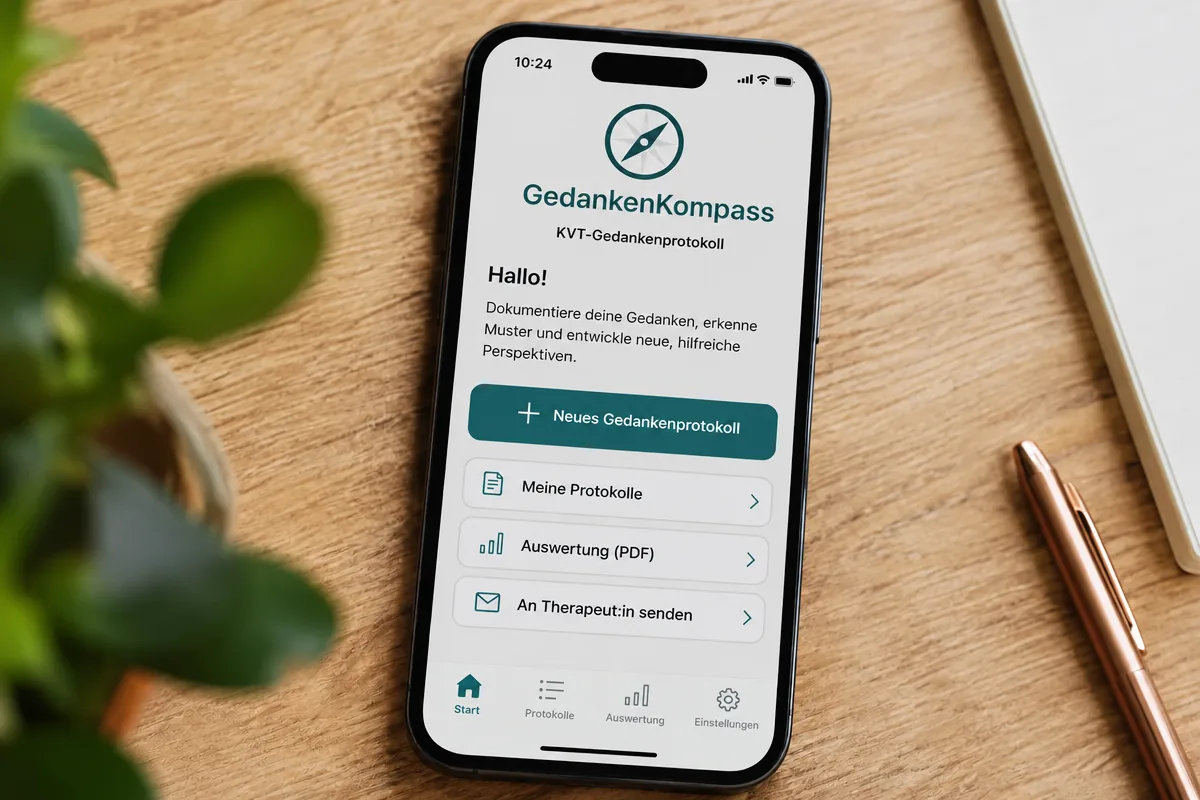 Smartphone mit geöffneter GedankenKompass-App auf einem Holzschreibtisch