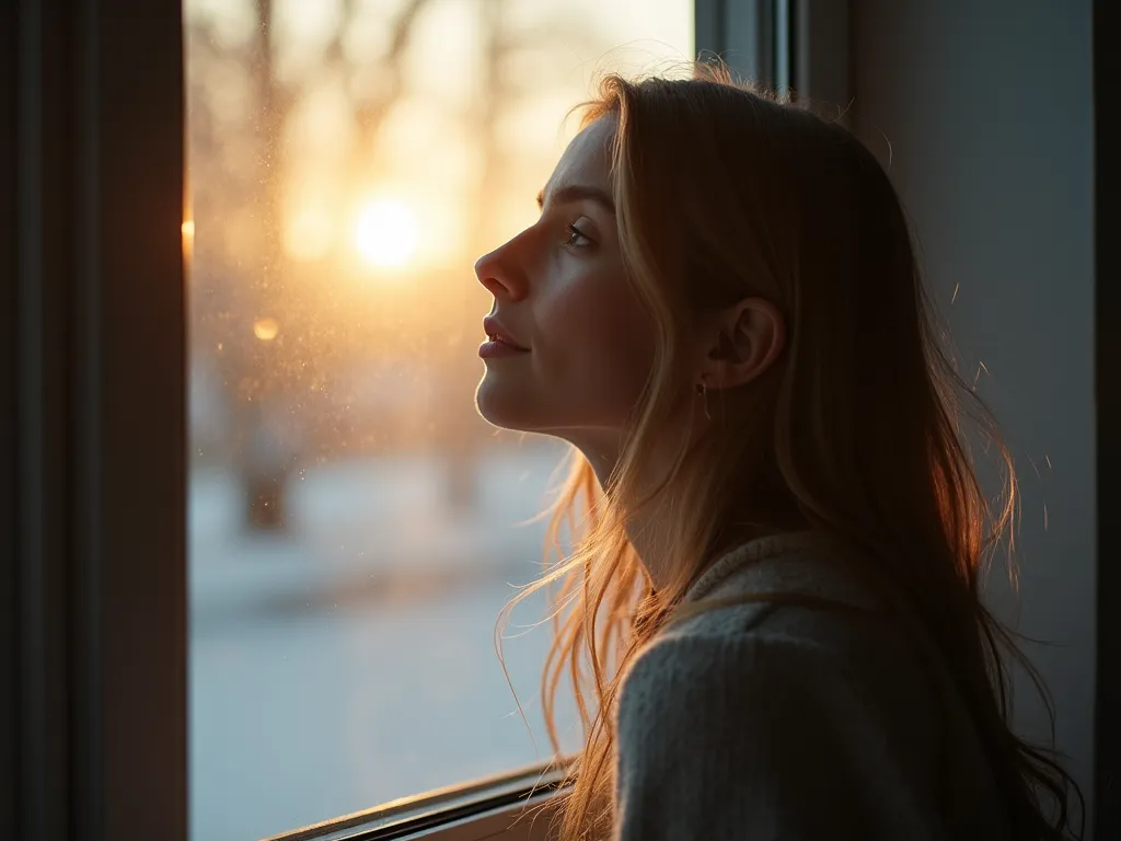 Frau am Fenster im warmen Gegenlicht