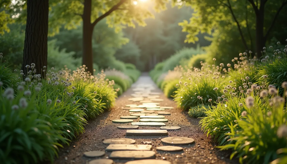 Steinpfad durch einen grünen, sonnigen Garten