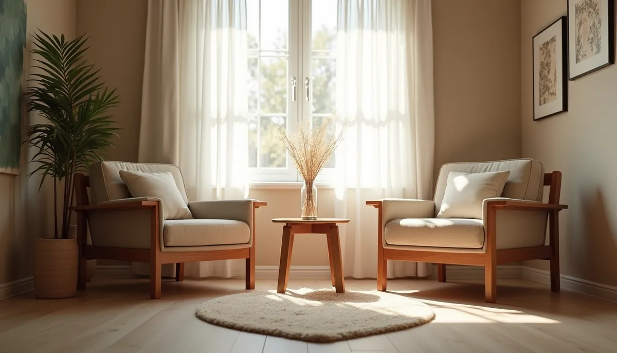 Heller Raum mit zwei Sesseln und kleinem Tisch