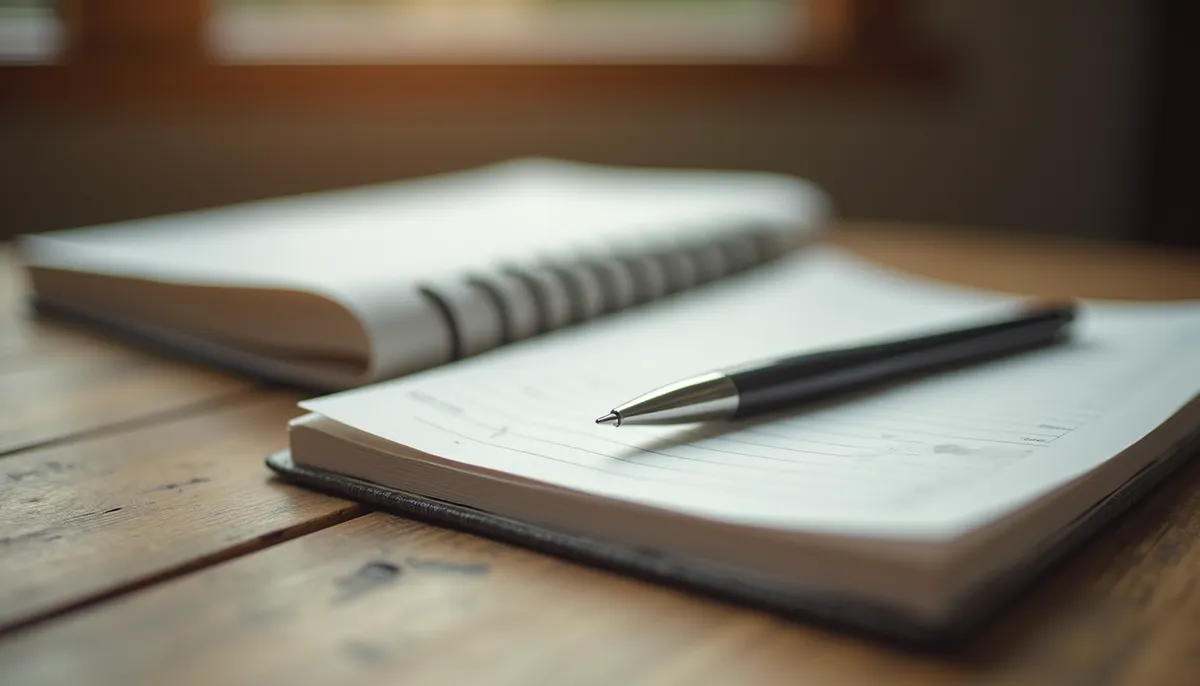Notizbuch und Stift auf einem Holztisch