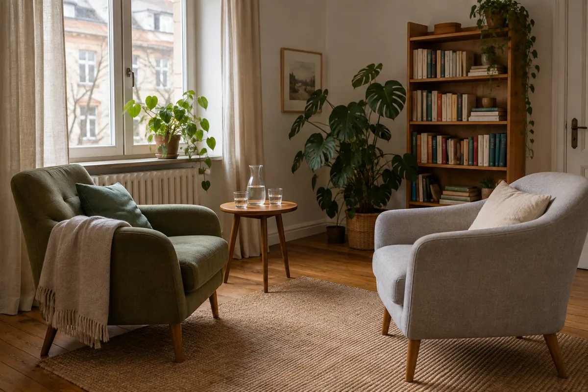 Ruhiger Therapieraum mit zwei Sesseln, kleinem Tisch und Pflanzen