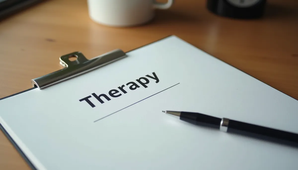 Klemmbrett mit der Aufschrift „Therapy“ und Stift