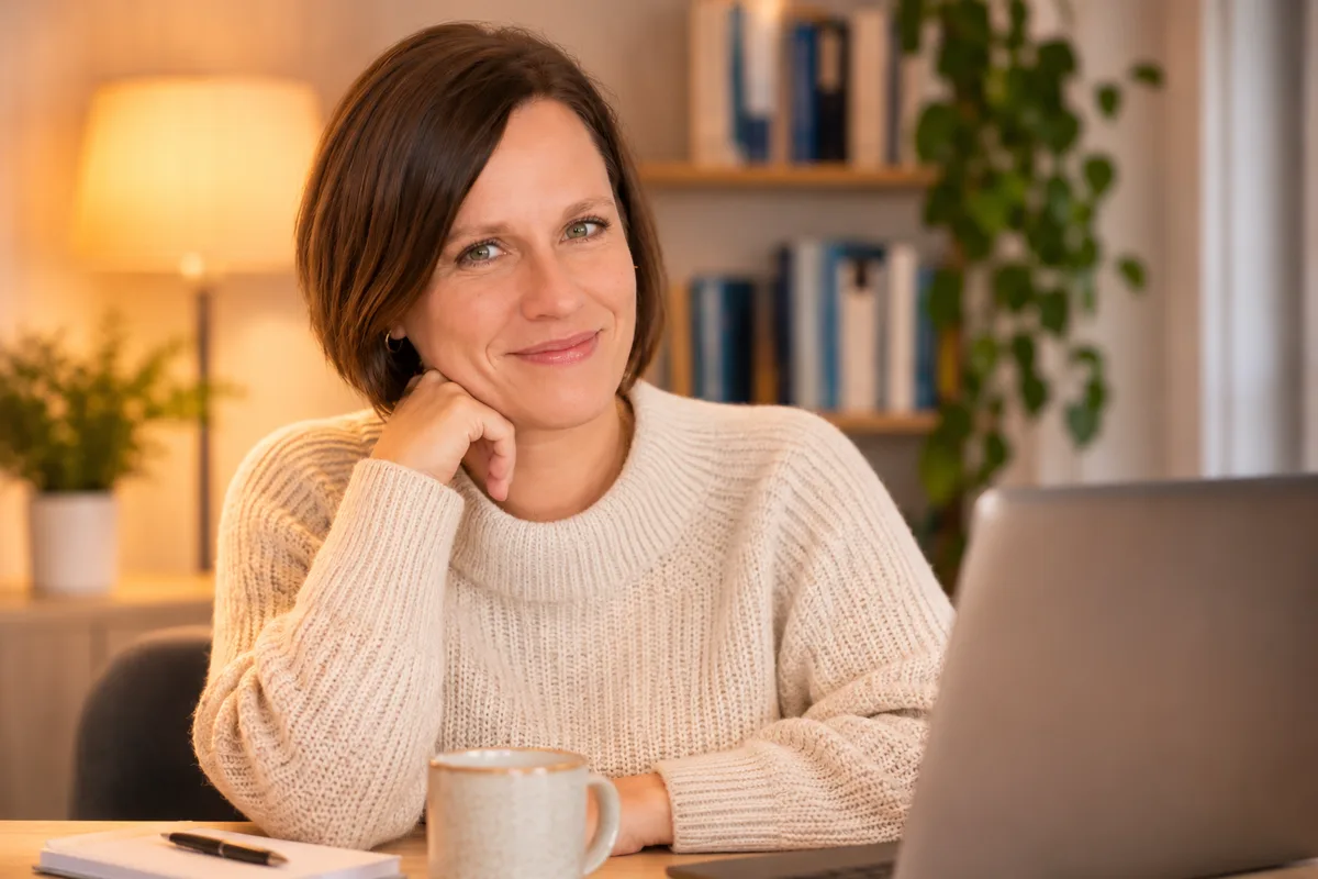 Maraica Pfannendörfer sitzt lächelnd an ihrem Schreibtisch zu Hause, mit Laptop, Tasse und Notizblock