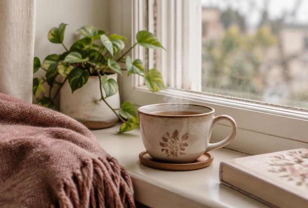 Dampfende Teetasse auf einer Fensterbank