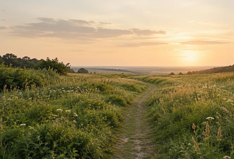 Wiesenweg zu einem weiten Horizont im Abendlicht
