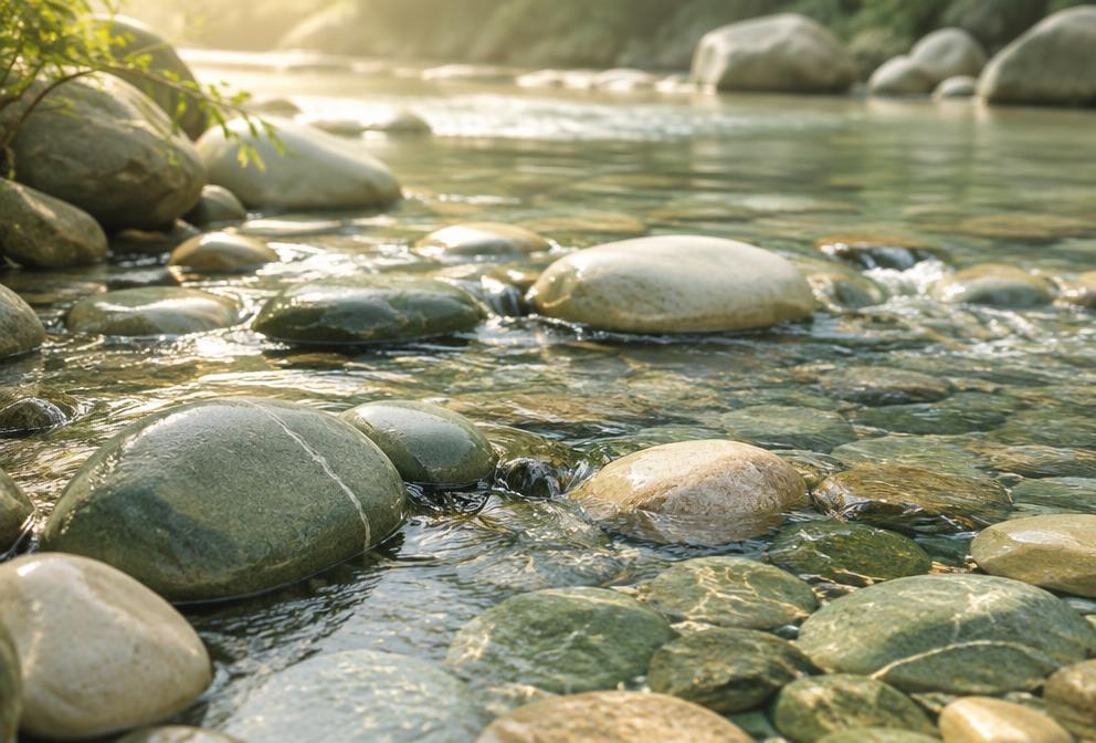 Runde Steine in klarem, fließendem Wasser